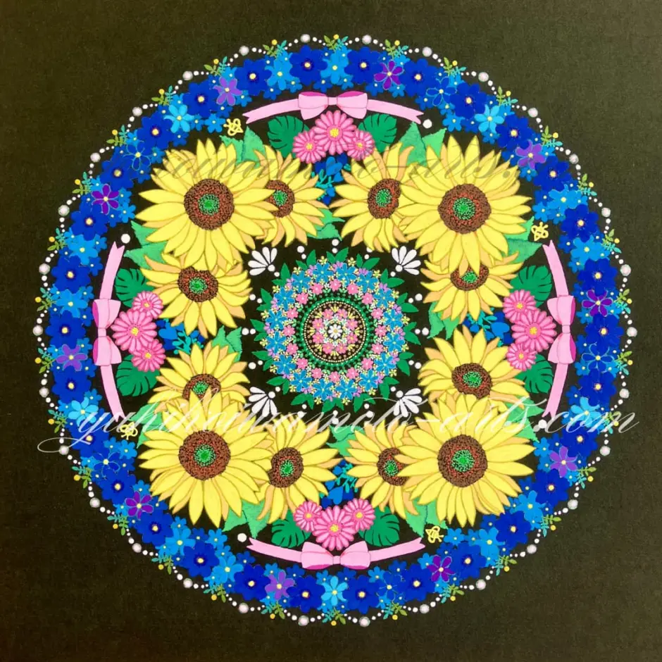 金運と仕事運のひまわり曼荼羅アート「セルフ・ラヴ」：黄色と青で自己