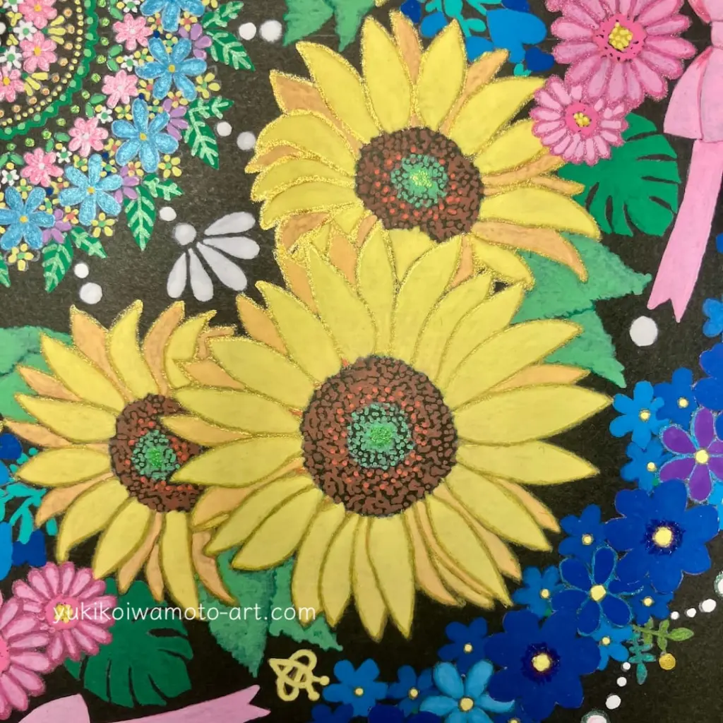 金運と仕事運のひまわり曼荼羅アート「セルフ・ラヴ」：黄色と青で自己