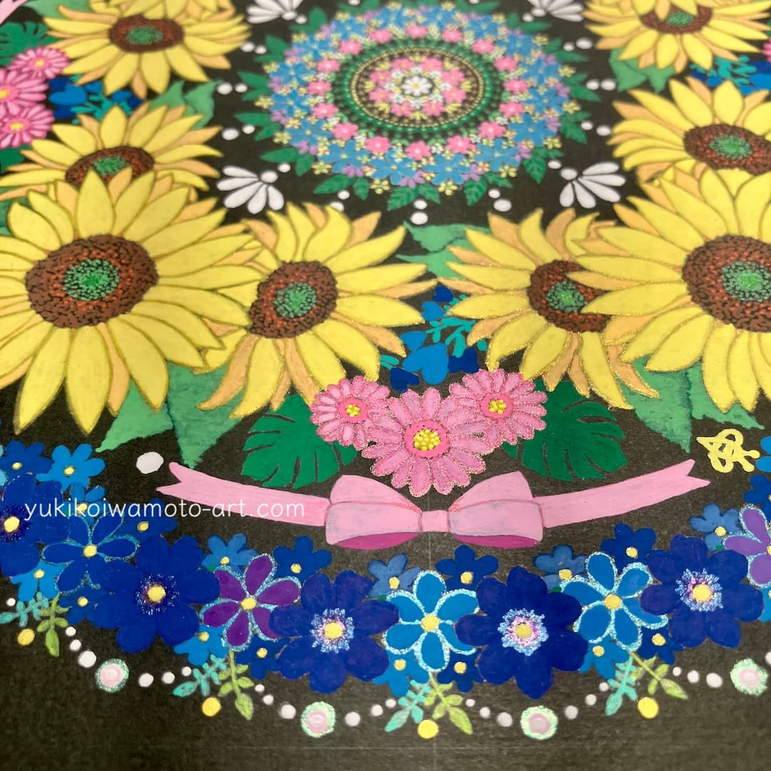 金運と仕事運のひまわり曼荼羅アート「セルフ・ラヴ」：黄色と青で自己