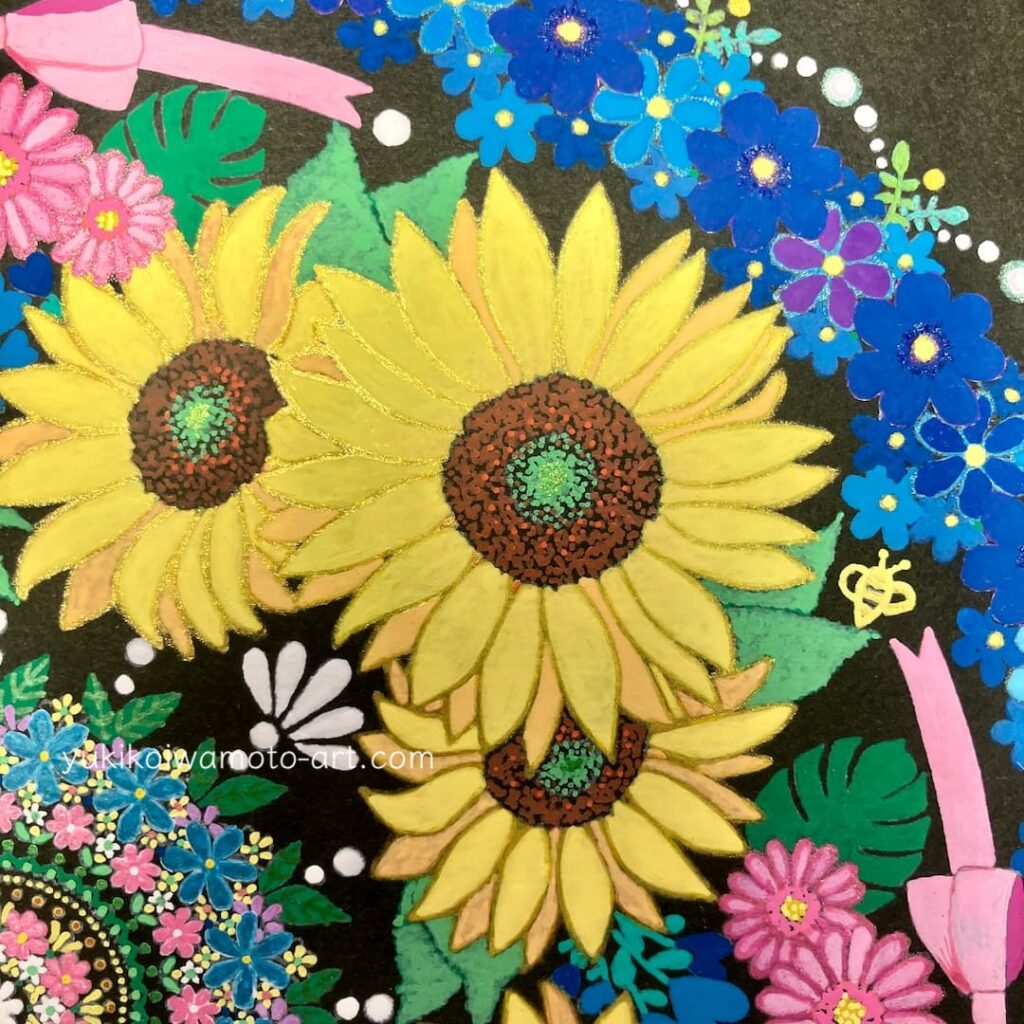 ひまわりの曼荼羅アート「セルフ・ラヴ」。金運と仕事運アップを願う黄色と青色の抽象画。風水で心の安定・自己肯定感を高める癒しのアート原画。 別のひまわり部分のアップ。