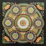 経営者のためのオレンジゴールドの曼荼羅アート原画。0.4mmの点描で描かれた繊細な作品の正面全体像。金運と成功のエネルギー。